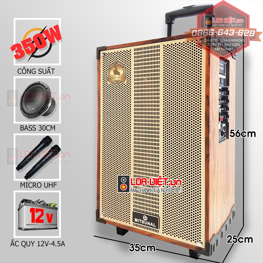 Loa kéo di động Mitsunal T1209 - Vỏ gỗ - Bass 30